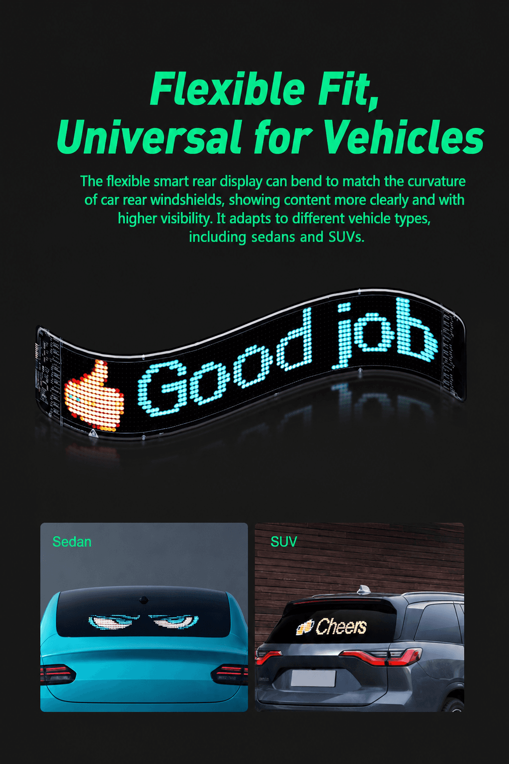 Flexible LED display mounted on a car rear window