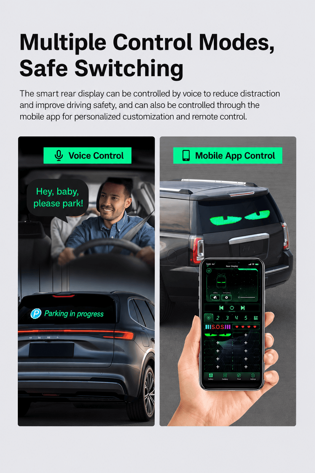 Mobile app and remote-style control modes for the LED rear display